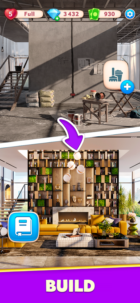 Design Masters: Home Simulator - 建設現場が、本棚と暖炉のある高級リビングルームに変わったビフォーアフターの比較