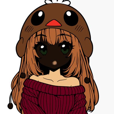 anime girl with chick shaped hat with sweater with bare shoulders with bangs covering them one eye with low tail