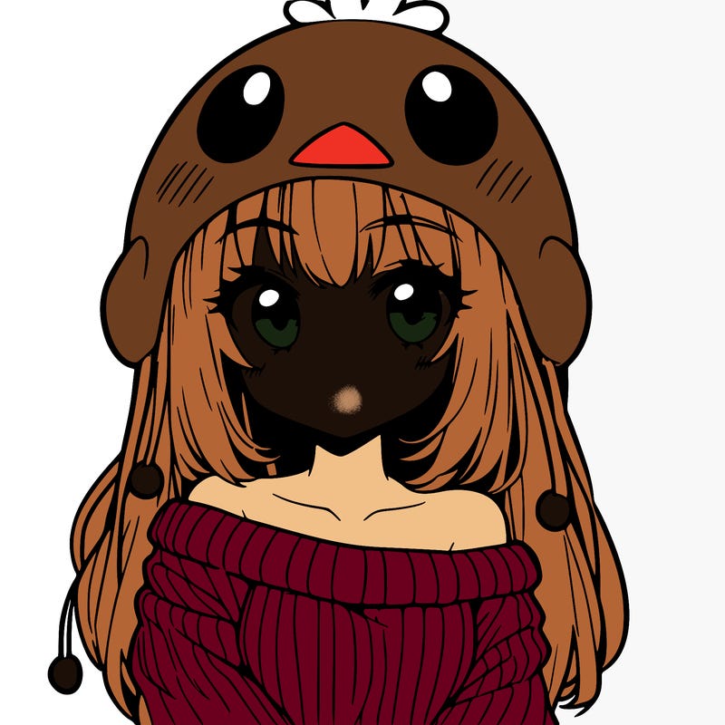 anime girl with chick shaped hat with sweater with bare shoulders with bangs covering them one eye with low tail