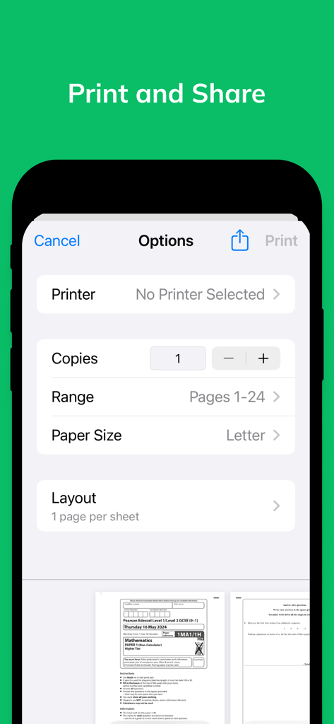 GCSE試験用紙の印刷および共有オプションを示すMy Past Papersアプリのインターフェース