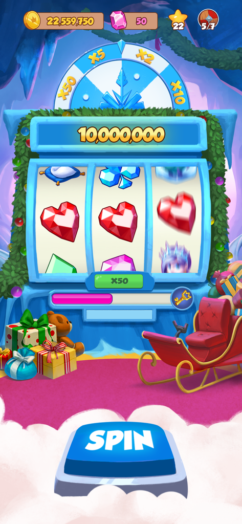 A festive winter-themed slot machine in Coin Master featuring heart gems and a large blue spin button.