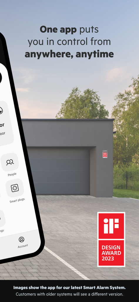 Sector Alarm app interface for remote home security management featuring the iF Design Award 2023