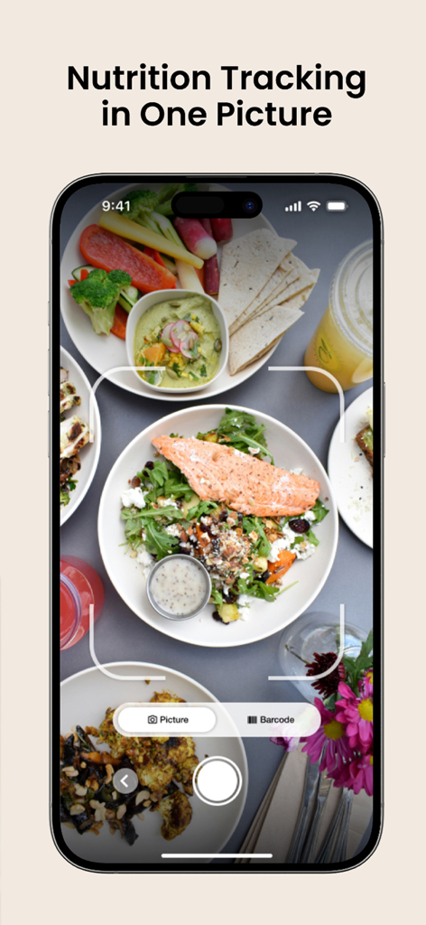 FitHub - AI Calorie Tracker - FitHub app interface showing AI nutrition tracking by taking a photo of a meal
