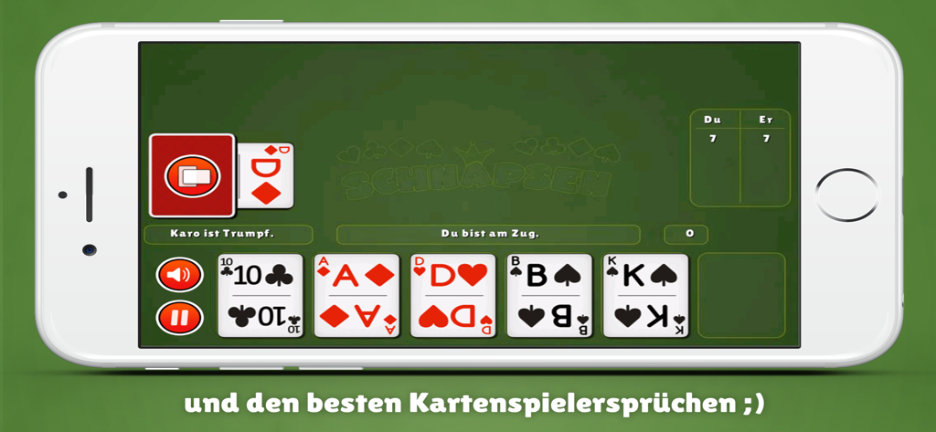Gameplay screenshot of the Schnapsen card game app on a smartphone showing playing cards and a scoreboard in German.