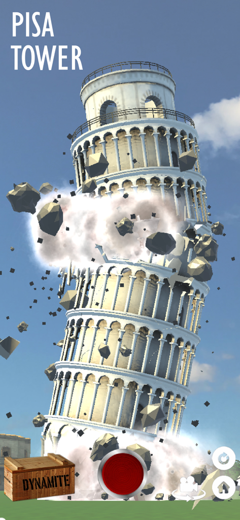 Gameplay screenshot of the Leaning Tower of Pisa being demolished with explosives