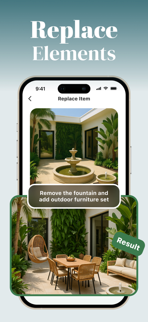 AI Garden Design: Makeover - Interfaccia dell'app IA che mostra il rifacimento di un cortile sostituendo una fontana con mobili da pranzo all'aperto
