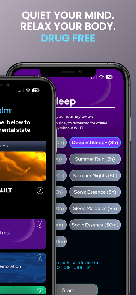 Interfaz de la aplicación NuCalm con varias pistas de audio de sueño y relajación en dos iPhones