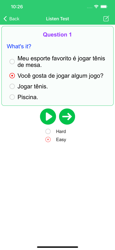 Learn Brazilian Portuguese Pre - A Brazilian Portuguese listening test question with multiple choice options and difficulty settings.