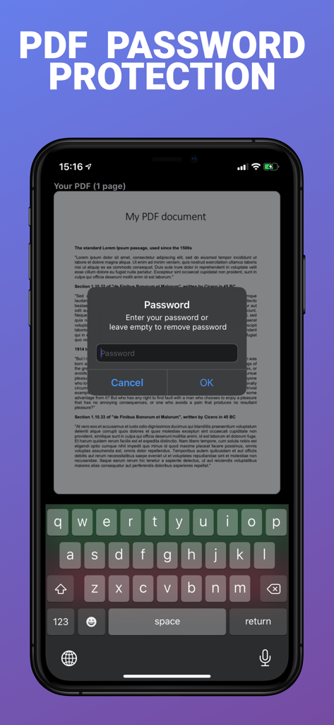 Tela do iPhone exibindo um prompt de entrada de senha para proteger um arquivo PDF no aplicativo PDF Secure