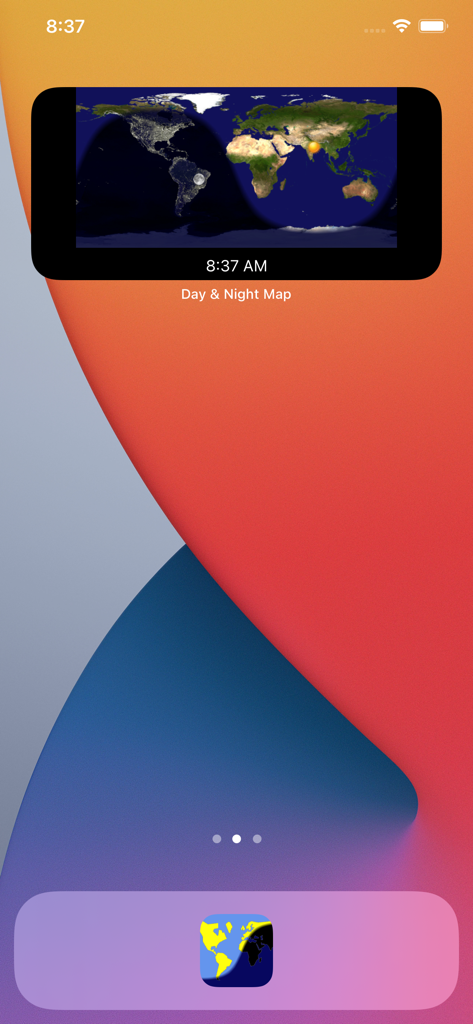 iPhone home screen showing the Day and Night Map widget with global daylight regions