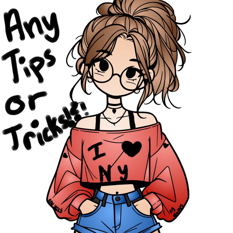 girl with a messy ponytail glasses a baggy crop top and jean shorts