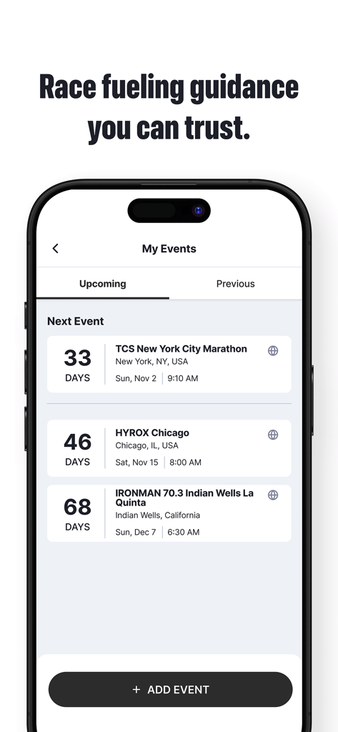 Fuelin app screen showing a countdown to upcoming endurance events like the New York City Marathon and IRONMAN 70.3
