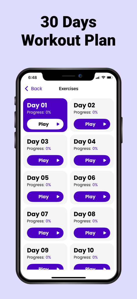 Interfaz de la aplicación Ejercicios de Mandíbula que muestra un horario de entrenamiento de 30 días.