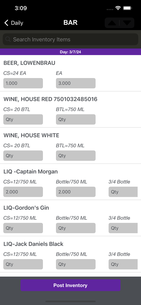 Mobile app interface of NCR Voyix Pulse showing bar inventory management and stock level tracking for beer wine and liquor