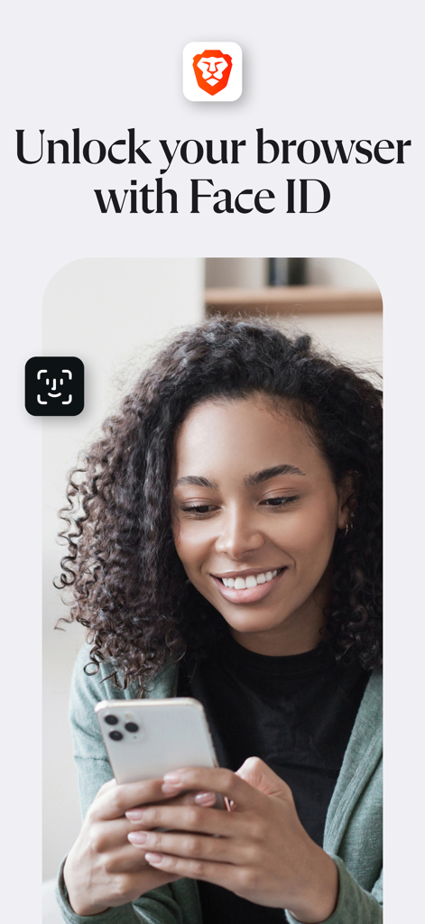 여성이 Face ID를 사용하여 휴대폰의 Brave 브라우저 앱 잠금을 해제하는 모습