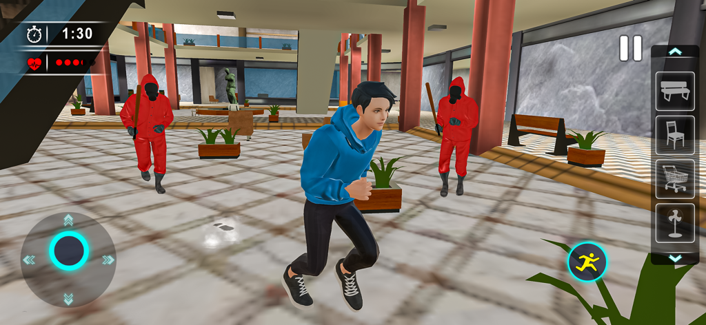 Gameplay screenshot of Prop Hunt Madness showing a character running from red-suited hunters in a shopping mall
