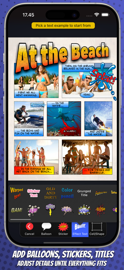 Strip Designer app showing a beach themed photo comic with editing tools