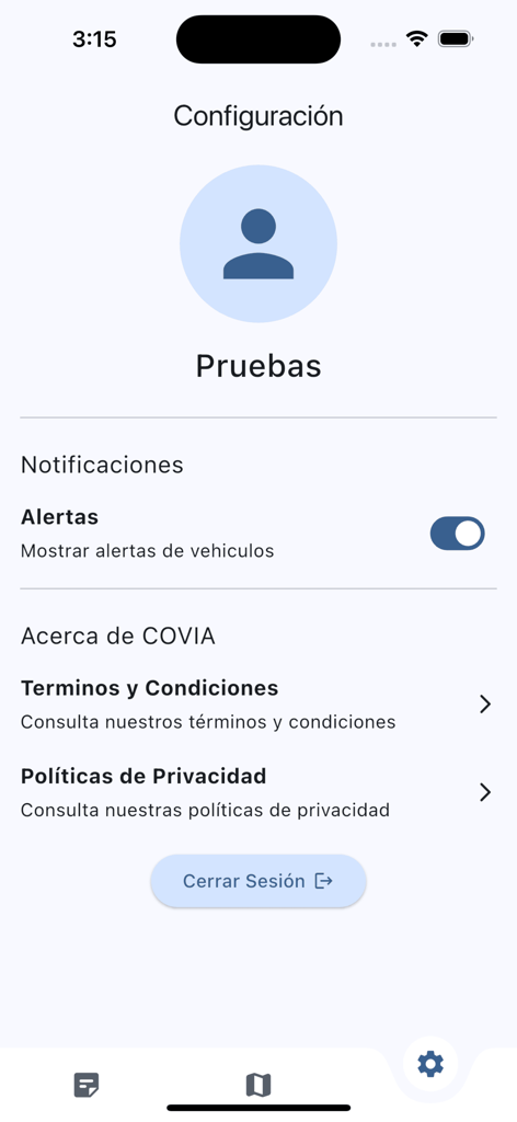 Covia - Coviaアプリの設定画面、車両アラート通知トグルとユーザープロファイルオプションを表示