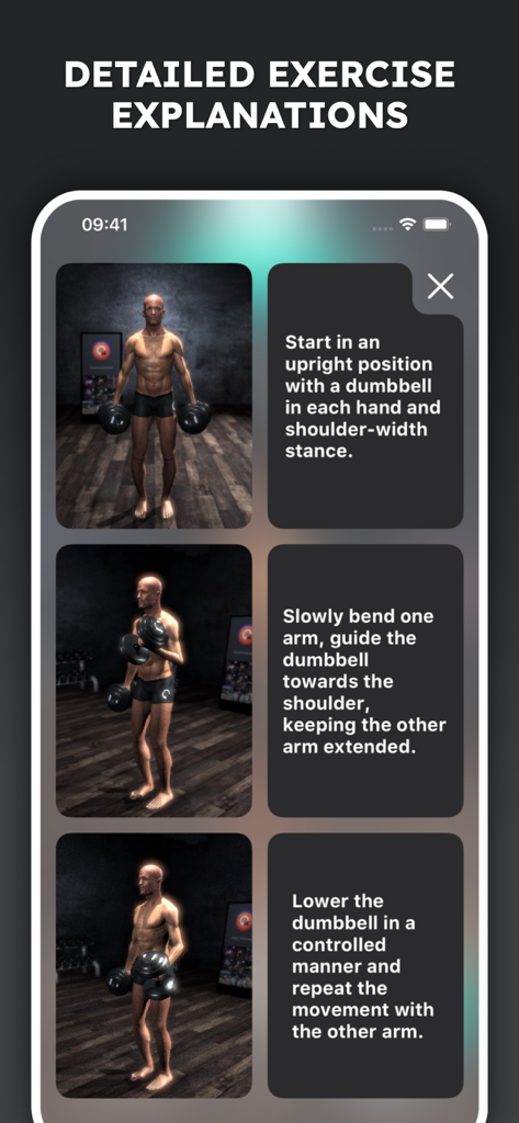 Gym Workout Tracker Planner AI - Instrucciones detalladas paso a paso de ejercicios en 3D para una forma de entrenamiento adecuada en la aplicación Gymnotize