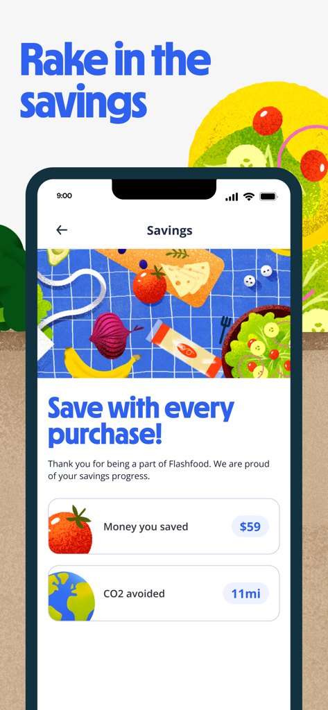 Flashfood - Grocery deals - Flashfood-App-Bildschirm mit Anzeige des gesparten Geldes und der vermiedenen CO2-Emissionen durch die Reduzierung von Lebensmittelabfällen.
