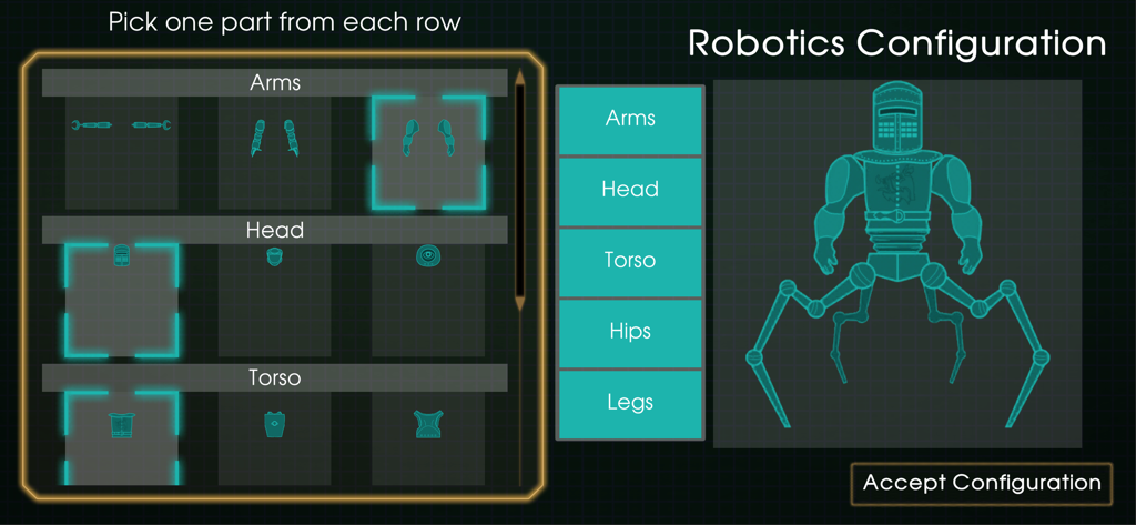 Pantalla de configuración de robótica en la aplicación de la NASA que permite a los usuarios seleccionar y personalizar piezas de robots