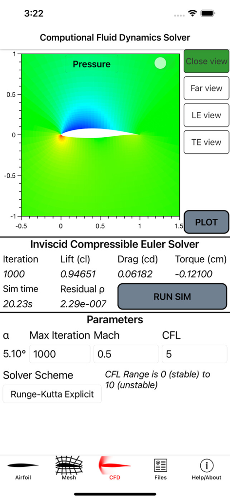 Airfoil Design - Interface do solver de dinâmica de fluidos computacional do aplicativo Airfoil Design mostrando gráfico de pressão e dados de simulação.