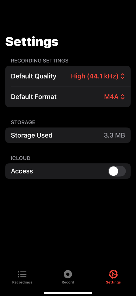 Settings screen of the Audio Recorder Pro app displaying recording quality and format options