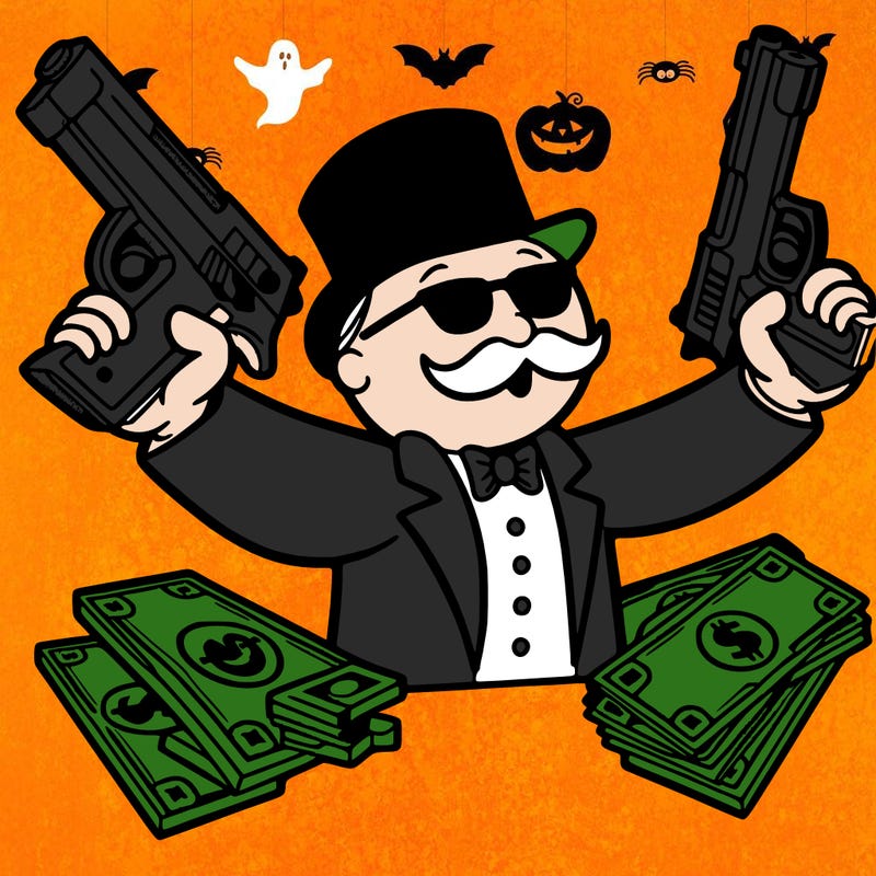 monopoly man holding guns and money