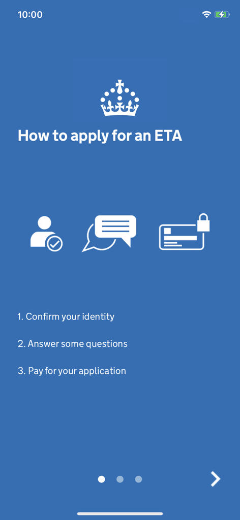 UK ETA app screen showing the three steps to apply for travel authorisation