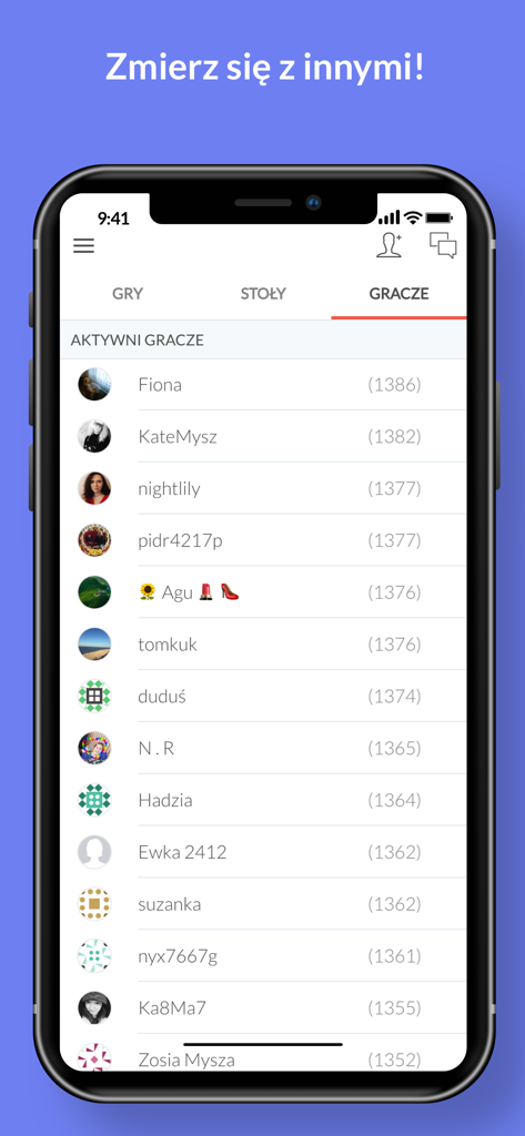 List of active players and their rankings in the Literaki Polish word game app