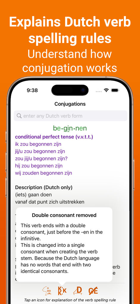 Dutch Verb Conjugations - オランダ語動詞活用アプリのモバイル画面。スペル規則と動詞の活用について説明しています。