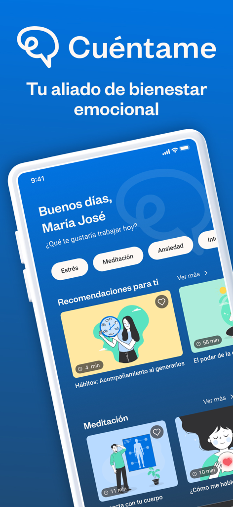 Cuéntame: Bienestar emocional - Interface do aplicativo Cuentame para bem-estar emocional mostrando recomendações personalizadas de meditação