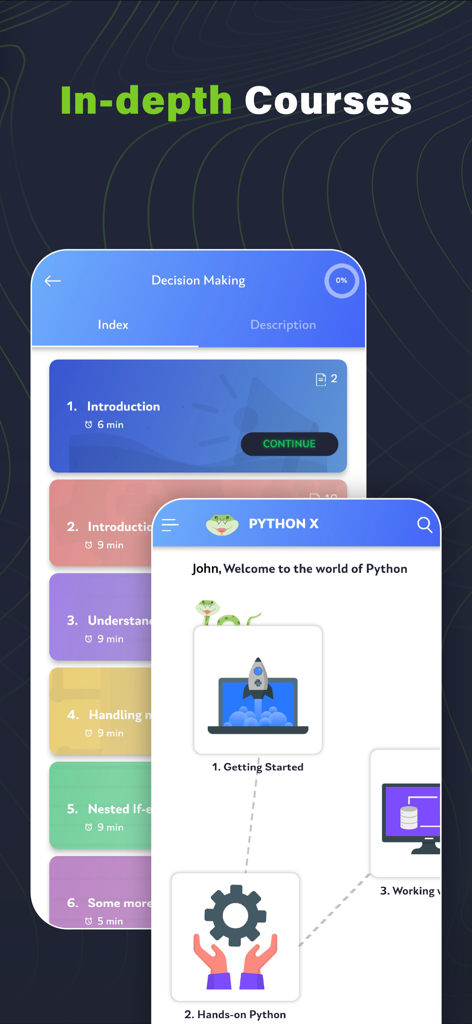 Learn Python Coding: Python X - 構造化されたコーディングコースモジュールとレッスンを表示するPython Xのモバイルアプリインターフェース。
