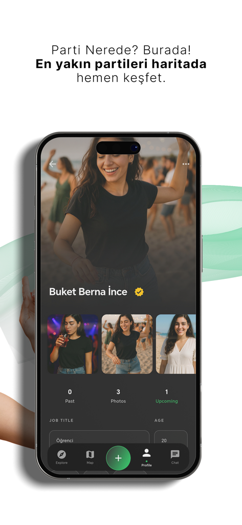 Tanışma, Arkadaşlık & Flört - A mobile app screen showing a user profile for a dating and social networking platform with personal photos and event statistics