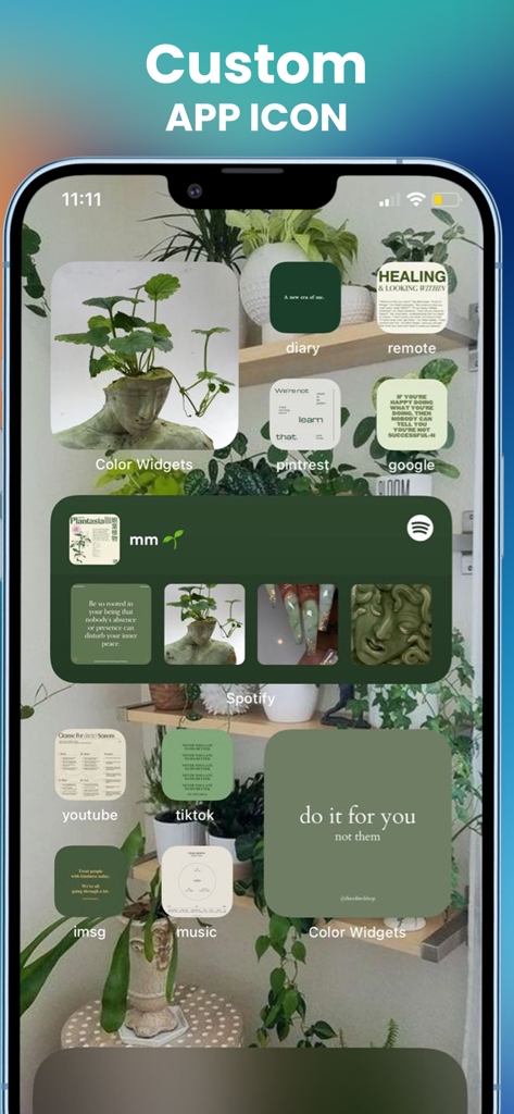 Icon Themer: Widget & Icons - Uma tela inicial personalizada do iPhone com uma estética de natureza verde com ícones e widgets correspondentes