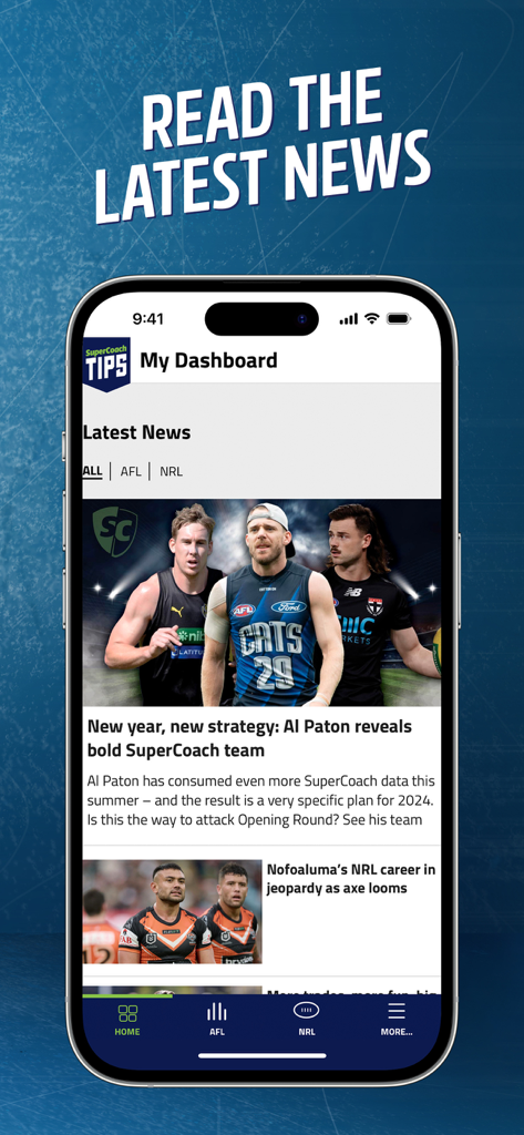 SuperCoach Tips - SuperCoach Tips app dashboard showing AFL and NRL news