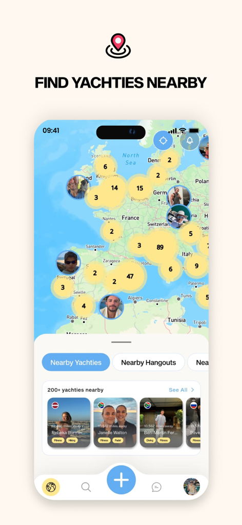 Map view showing nearby yacht crew members and their locations in the Lost and Found Crew app