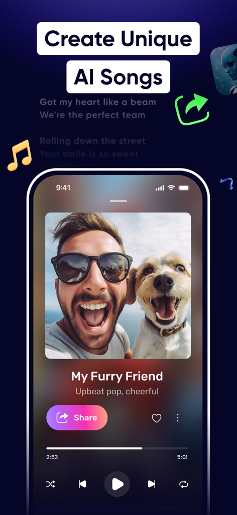 Interfaz de la aplicación móvil AIR Music mostrando una canción pop optimista generada por IA titulada Mi Amigo Peludo con controles de reproducción y opciones para compartir