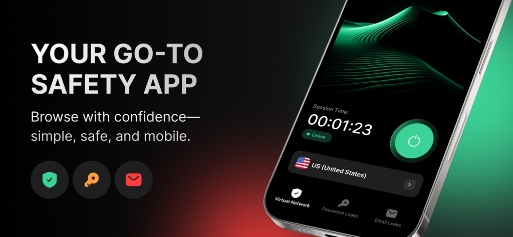 Interface of the Secure Access Safetronis app showing VPN status and security features