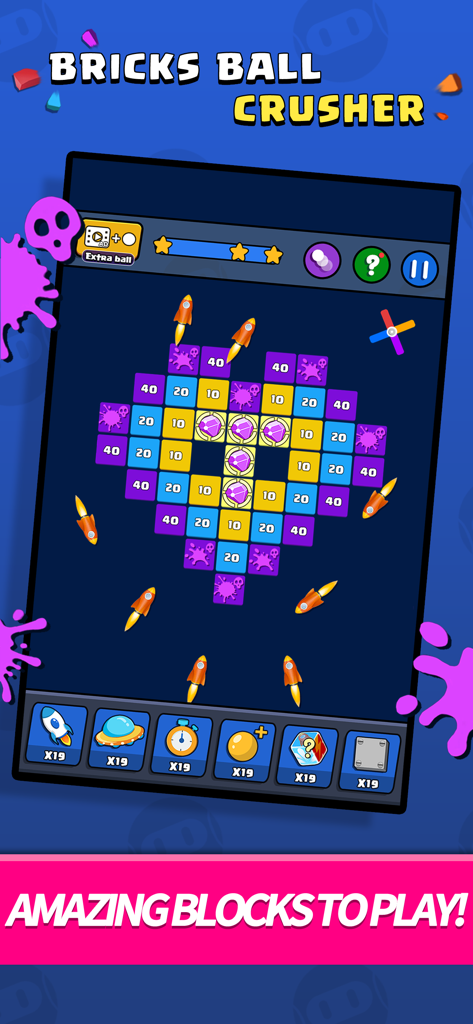 Bricks Ball Crusher - Gameplay screenshot of Bricks Ball Crusher mobile game with colorful blocks and rocket power-ups