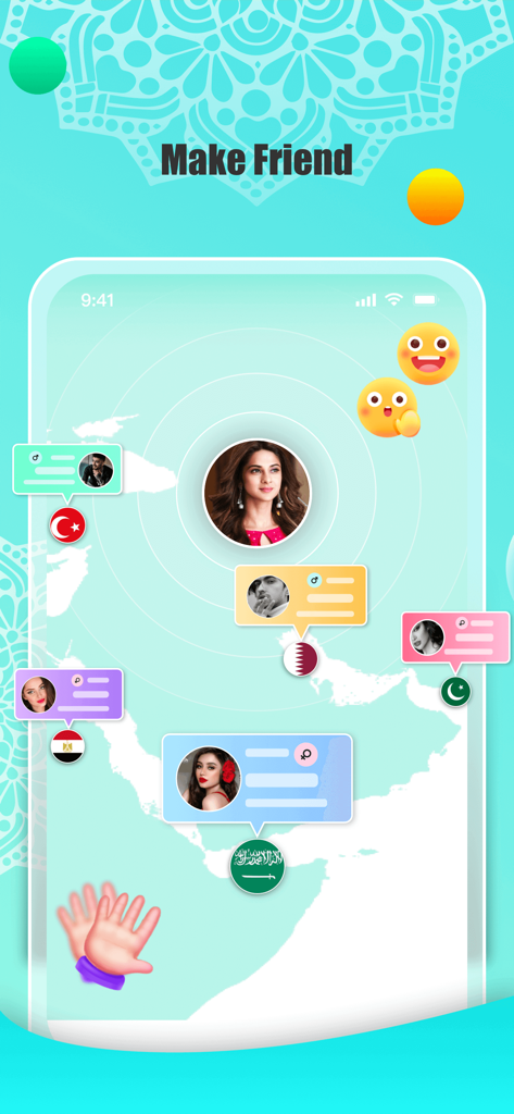 Lama-Voice Chat Rooms - Lama app screen showing a map interface to find and make friends globally.