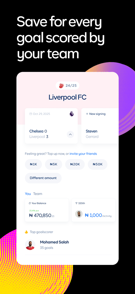 Cowrywise: Save & Invest Money - Cowrywise 앱 인터페이스, 리버풀 FC가 득점한 골을 기반으로 한 자동 저축 계획 표시
