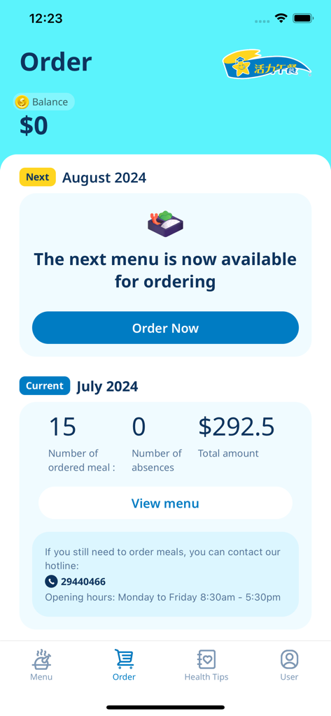 Luncheon Star app order dashboard showing monthly meal statistics and ordering options