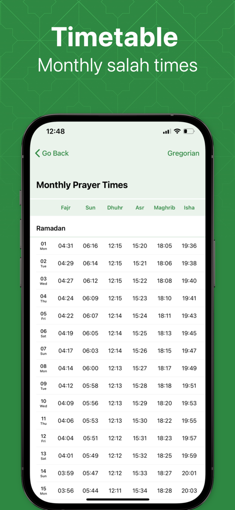 Monthly prayer times timetable showing daily Salah schedule in the Namaz app