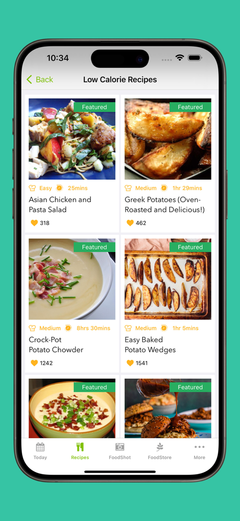Weight Loss Recipe Book - Mobile screen of the Weight Loss Recipe Book app displaying a list of low calorie recipes with images prep times and difficulty levels