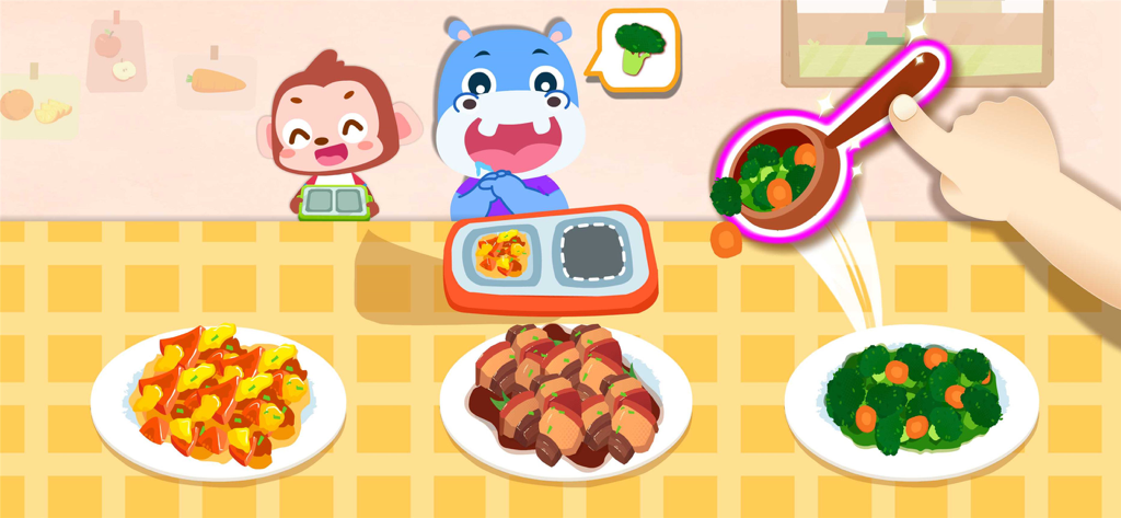 Baby Panda Kindergarten - Cartoon animals learning about healthy eating in a kindergarten mealtime game