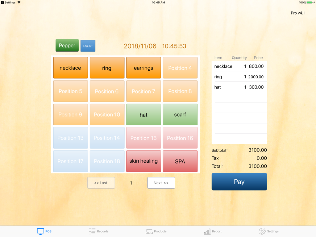 Checkout interface of the POS S Pro iPad app showing product buttons and transaction summary