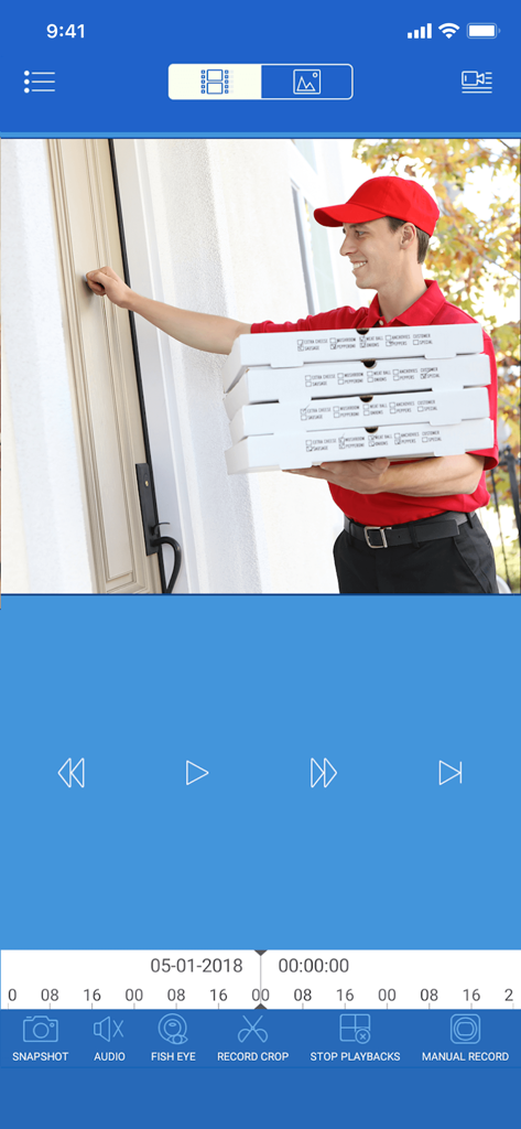 A screenshot of the Lorex Cloud app showing a recorded video playback of a pizza delivery person at a front door with security monitoring controls.