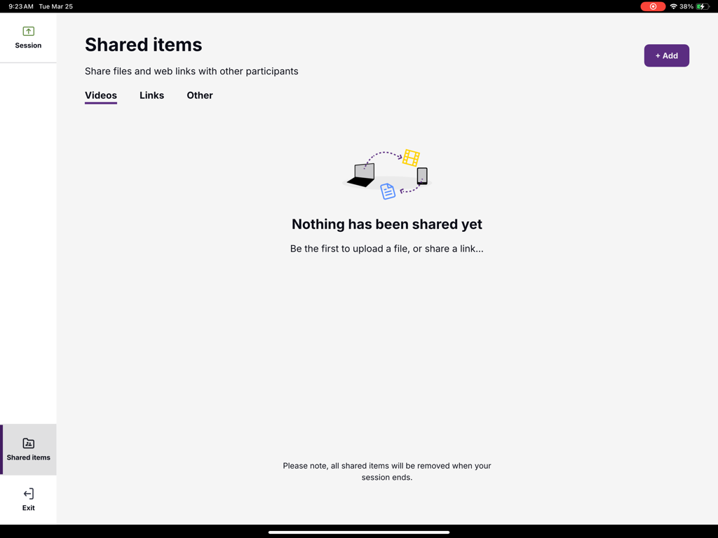 Interface of the SMART Mirror app showing an empty Shared items screen on an iPad with options to add videos links and files