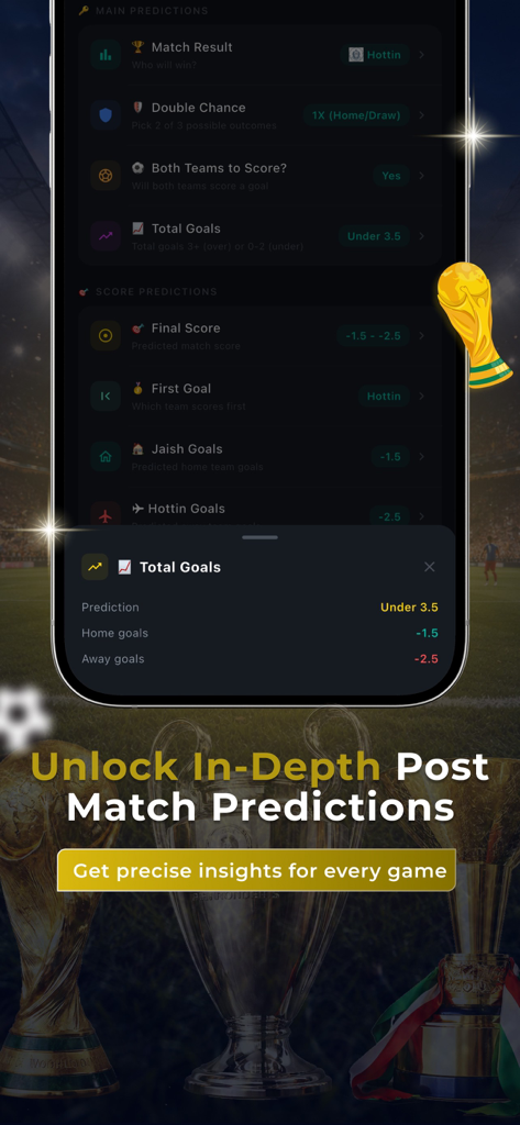 Soccer Predictions AI & Tips - Interface do aplicativo móvel mostrando previsões de partidas de futebol com IA e insights aprofundados